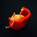 Red bell pepper with seeds. Sliced bell peppers on a black background. Organic food. Royalty Free Stock Photo