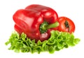 Red bell pepper and tomato on lattuce over white background