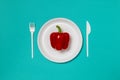 Red bell pepper on a white plate, fork and knife, dieting, healthy food concept Royalty Free Stock Photo