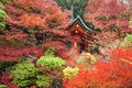 Bell Tower among Red Maple Leaves in Autumn at Bishamondo Temple, Kyoto, Japan
