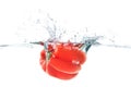 Red bellpepper dropped into the water with water splash on a white background Royalty Free Stock Photo