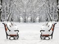 Red bench covered with snow Royalty Free Stock Photo