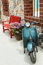 Red bench with flowers Royalty Free Stock Photo