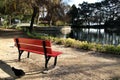 Red bench looking at the pond in the garden Royalty Free Stock Photo