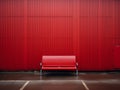 a red bench sitting in front of a red wall