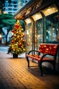 Red bench sitting next to christmas tree on sidewalk. Generative AI Royalty Free Stock Photo