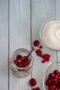 Red berries in a glass transparent bowl and sugar; currants in a jar on a light background Royalty Free Stock Photo