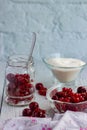 Red berries in a glass transparent bowl and sugar; currants in a jar on a light background Royalty Free Stock Photo