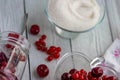 Red berries in a glass transparent bowl and sugar; currants in a jar on a light background Royalty Free Stock Photo