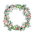 Red berries and greenery wreath illustration. Watercolor pine tree branches, fir, mistletoe. Christmas decorative frame Royalty Free Stock Photo