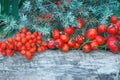 Red Berries And Juniper On Wooden Background