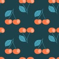 Red berry cherry on dark background, seamless pattern for textile design. Simple vector illustration with cherry, EPS10 easy to