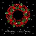 Red Berry Christmas Wreath and White Snow Greeting Card on Black Background. Vector Illustration Royalty Free Stock Photo