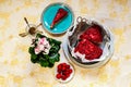 Red berry fruit cake in cake form and on plate, flowers and strawberry on table Royalty Free Stock Photo