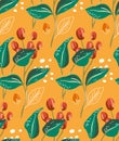 Red berry and green leaves on yellow background. Abstract graphic botanical foliage seamless pattern Royalty Free Stock Photo
