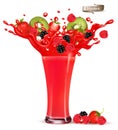 Red berry juice splash. Whole and sliced strawberry, raspberry, cherry, blackberry and kiwi in a sweet juce Royalty Free Stock Photo