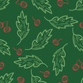 Red berry and leaf seamless vector seamless pattern background. Festive backdrop with scattered hand crafted woodcut