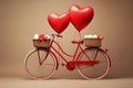 A red bicycle adorned with two heart shaped balloons attached to it, creating a whimsical and romantic scene, Bicycle built for Royalty Free Stock Photo