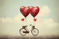 A red bicycle adorned with two heart-shaped balloons brings a touch of romance to any ride, Bicycle built for two with a heart- Royalty Free Stock Photo