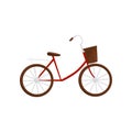 Red bicycle with brown basket, side view. Popular Vietnamese transport. Vehicle with two wheels. Flat vector design