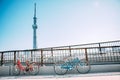 Red Bicycle park at the railing of the bridge on the road