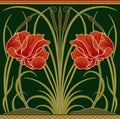 Red big poppy and green reeds decorative border pattern on dark green background. Vector illustration. Royalty Free Stock Photo