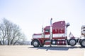 Red big rig classic semi truck with white line on the side transporting cargo on flat bed semi trailer running on the road in Royalty Free Stock Photo