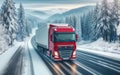 Red big rig commercial semi truck transporting cargo in dry van semi trailer running on the wet turning road with winter