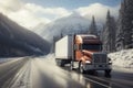 Red big rig commercial semi truck transporting cargo in dry van semi trailer running on the wet turning road with winter forest at