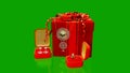 Red bijouterie gift with chaplet ring and earrings with diamonds - on green screen, isolated, fictitious design - object 3D