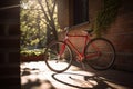 Red bike by building brick wall in city street, created using generative ai technology Royalty Free Stock Photo