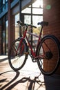 Red bike by building brick wall in city street, created using generative ai technology Royalty Free Stock Photo