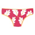 Red bikini bottoms with white leaf pattern and orange trim. Womens swimwear with floral design, summer beachwear vector