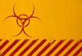 Red biohazard sign over yellow background