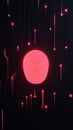 Red biometric fingerprint hologram on a dark digital background with circuit lines