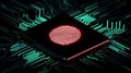 Red biometric fingerprint hologram on a microchip representing high-tech encryption