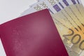 Red biometric passport on a paper euro bills.European passport lying on top of 200 Euro banknotes Royalty Free Stock Photo