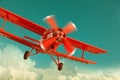 Red biplane flying in the cloudy sky. Retro style Royalty Free Stock Photo