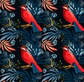 Red Bird And Exotic Flowers Tropical Seamless Pattern. Pomegranates Bloom, Birds, Ribbon, Floral Holiday Decoration, Boho Vintage
