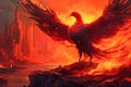 A red bird with flames on its wings flying through a rocky landscape. Royalty Free Stock Photo