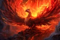 A red bird with flames on its wings flying through a rocky landscape. Royalty Free Stock Photo