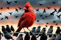 red bird nestled among a sea of black birds, contrast emphasized by a singular vibrant hue against monochrome backdrop