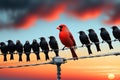 red bird nestled among a sea of black birds, contrast emphasized by a singular vibrant hue against monochrome backdrop