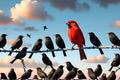 red bird nestled among a sea of black birds, contrast emphasized by a singular vibrant hue against monochrome backdrop