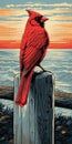 Hyper-detailed Cardinal Illustration On Wooden Post By The Ocean