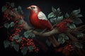 Red Bird Perched on Flowered Tree Branch. AI