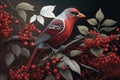 Red Bird Perched on Flowered Tree Branch. AI