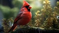 Red Bird Sitting On Branch In Green Forest