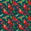 Red birds, Christmas holly leaves, berries, red cardinal, watercolor hand drawn. New year background. Seamless pattern