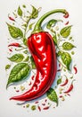 Red Birds Eye hot chilli with green leaves on white background Royalty Free Stock Photo